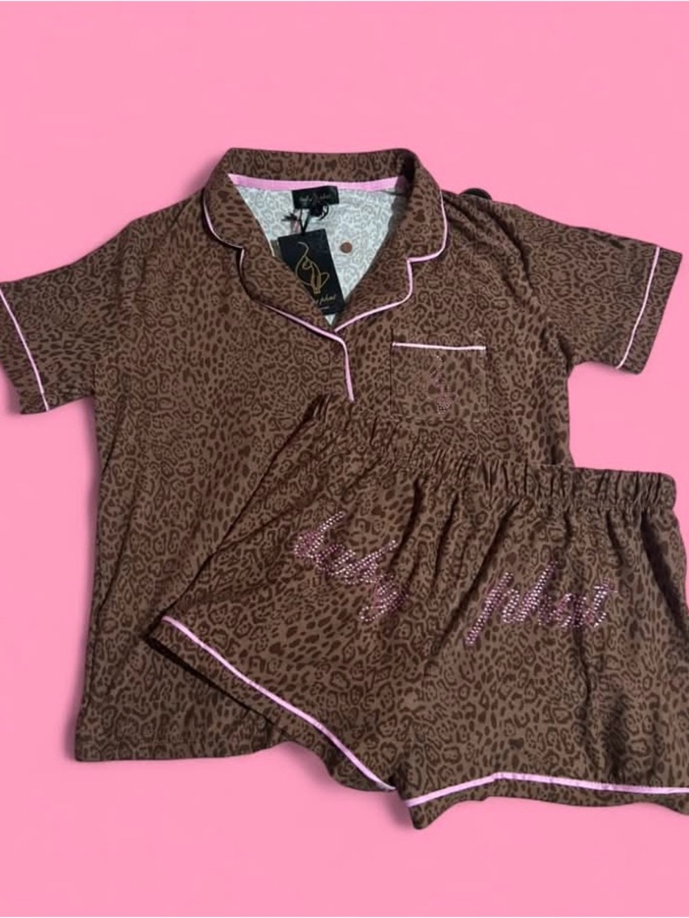 Baby Phat Brown Leopard Short Pajama Set with Pink Trim